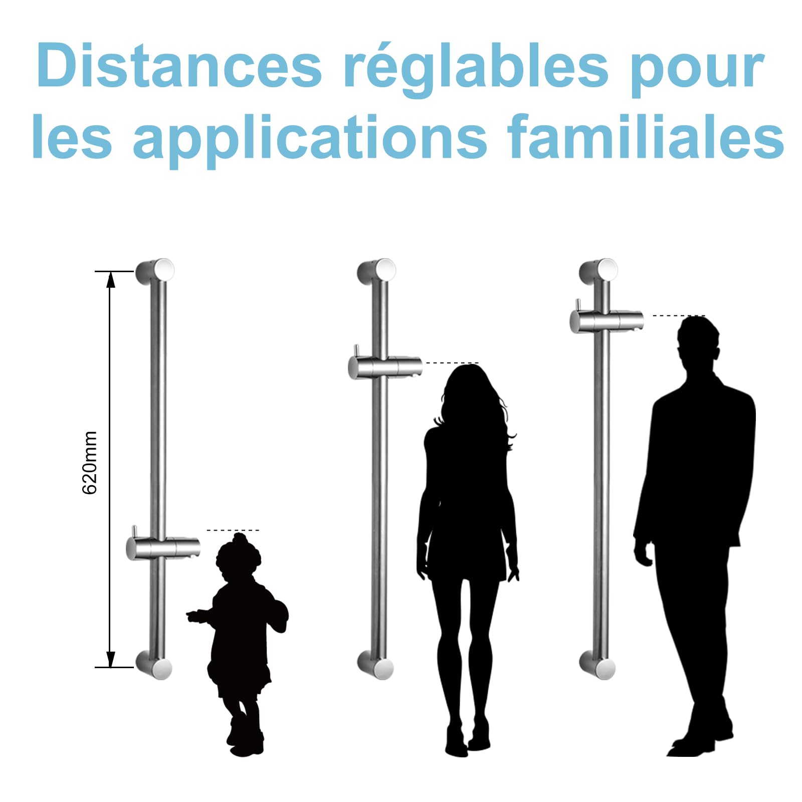 OFFO Barre de Douche 60 cm,Support Pommeau de Douche 80 cm en Acier Inoxydable Avec Support de Douche,Barre Douche Segmentée,Distance Réglable de 28 à 61 cm,Chromé