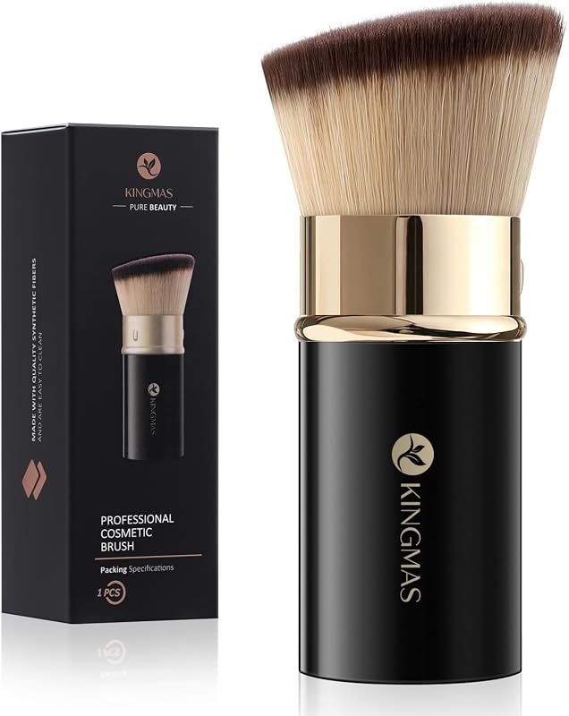 Retractable Kabuki Brush, Angled Flawless Face Makeup Brush | Makeup Brush for Foundation, Powder Blush, Bronzer, Buffing, Liquid, Cream, Cruelty Free with Cover