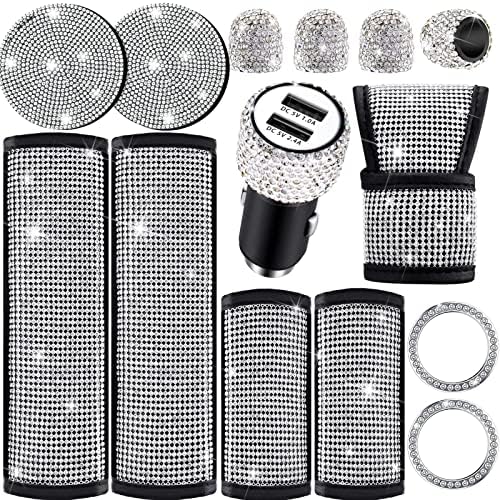 Frienda 14 Pieces Bling Car Accessories Set, Seat Belt Cover, Bling Door Handle Cover, Bling Car Shift Gear Cover, USB Car Charger, Cup Holder, Start Button Rings, Valve Stem Caps