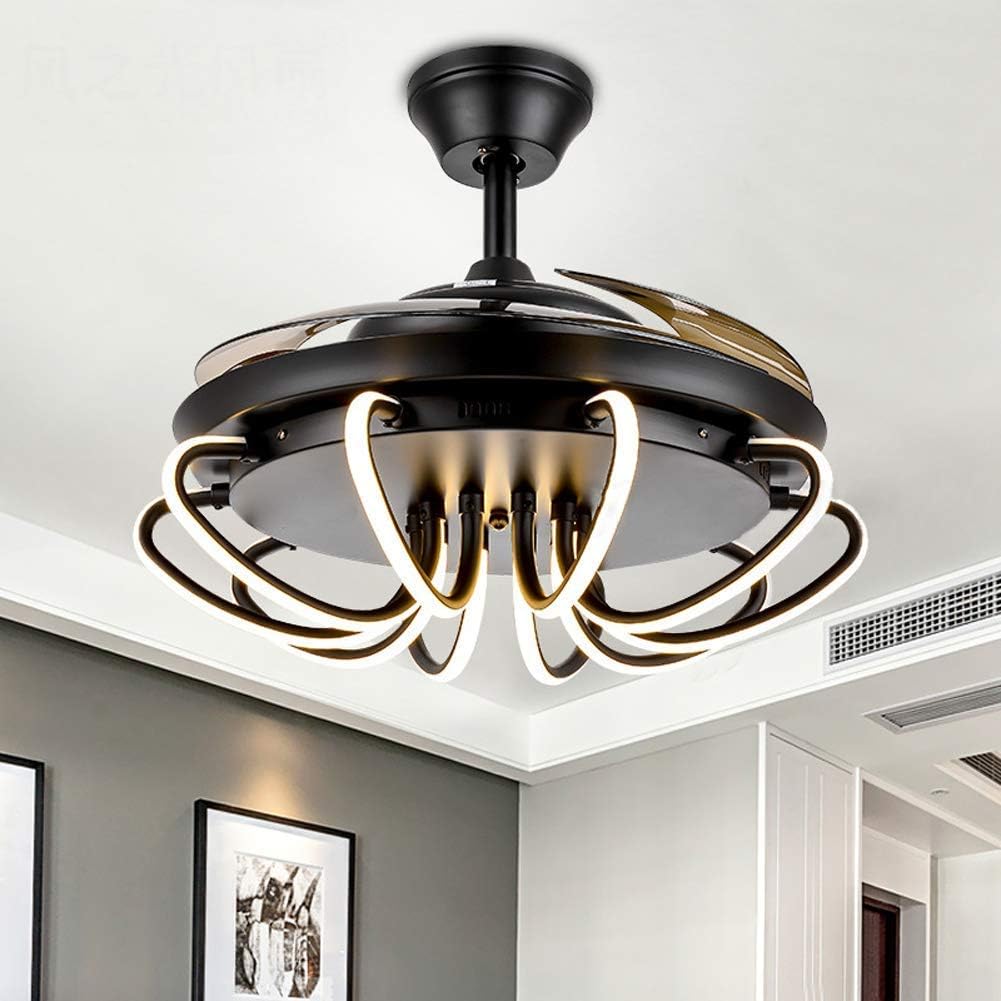 Orillon Postmodern Reverse Ceiling Fan Light with 4 Retractable Blades Remote LED 3 Color Changing Chandelier Lighting for Indoor Room 6-Gear Speed Folding Silent Fandelier (C139-Black/42 Inches)