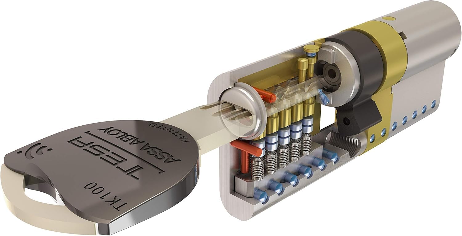 Tesa Assa Abloy, TK153030N, Cilindro de Alta Seguridad, TK100, Doble Embrague, Leva Larga, Niquelado, 30 x 30 mm