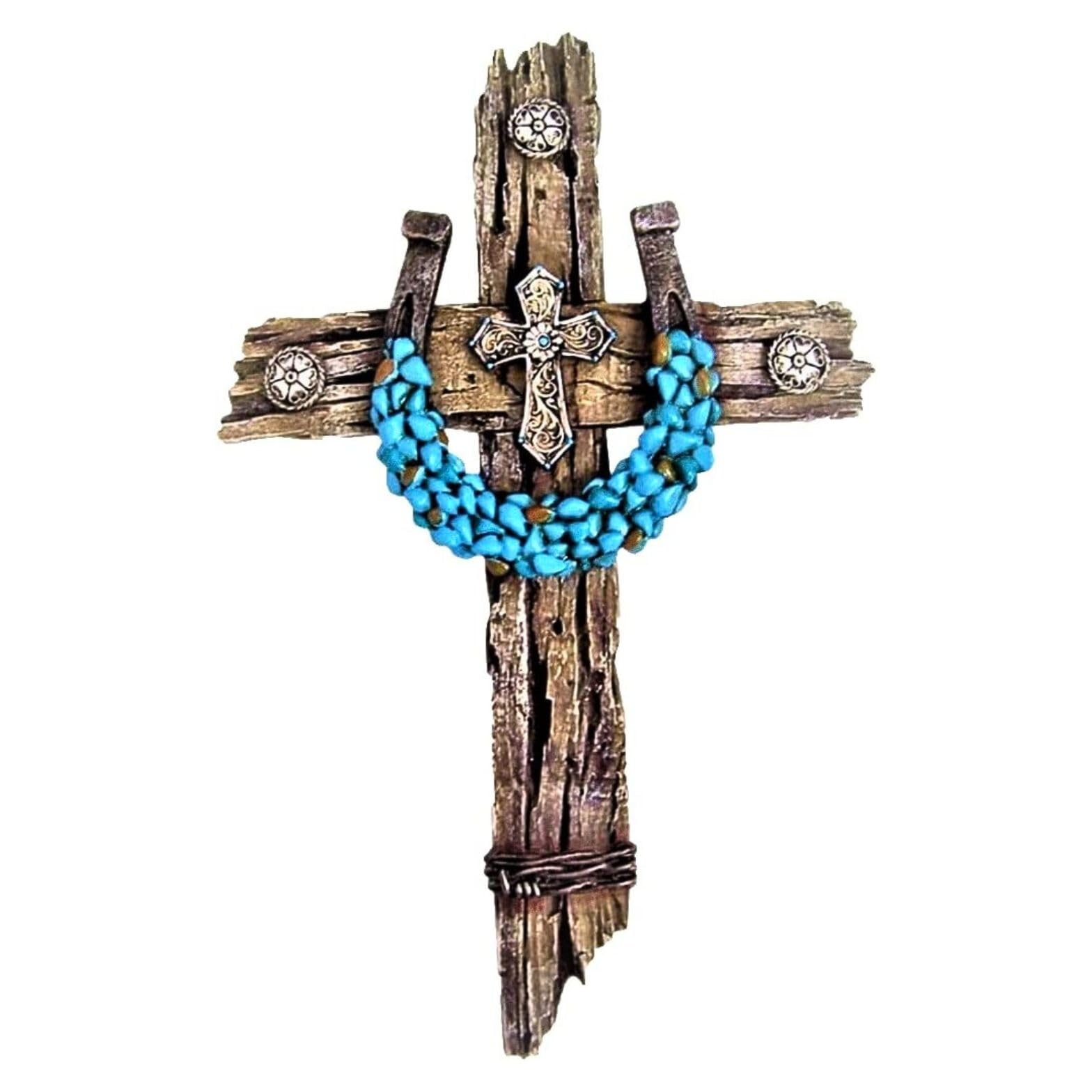 AMAJY Rustic Drifted Wood Look Wall Cross with Turquoise Decor Horseshoe Spiritual Wall Art