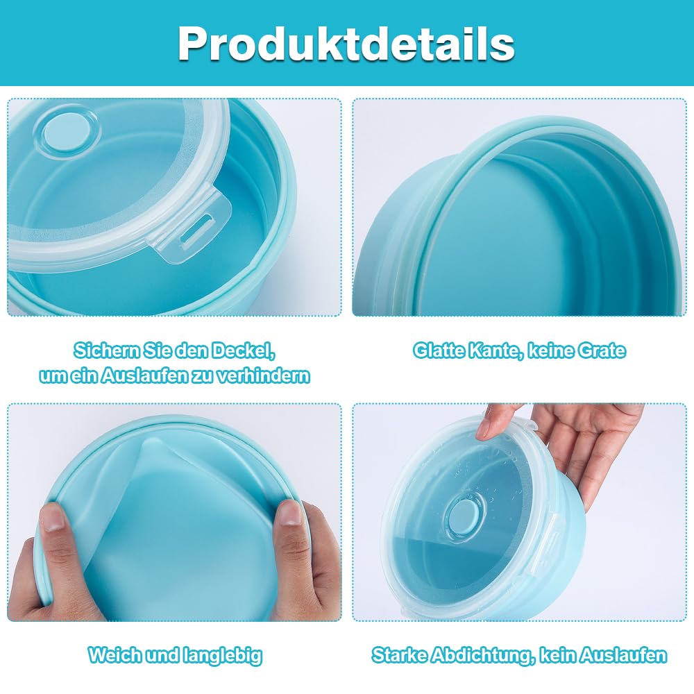 Ciotola pieghevole, 2 pezzi, con coperchio, in silicone, con forchetta da frutta, per campeggio, escursioni, cucina, scuola, all'aperto (blu)