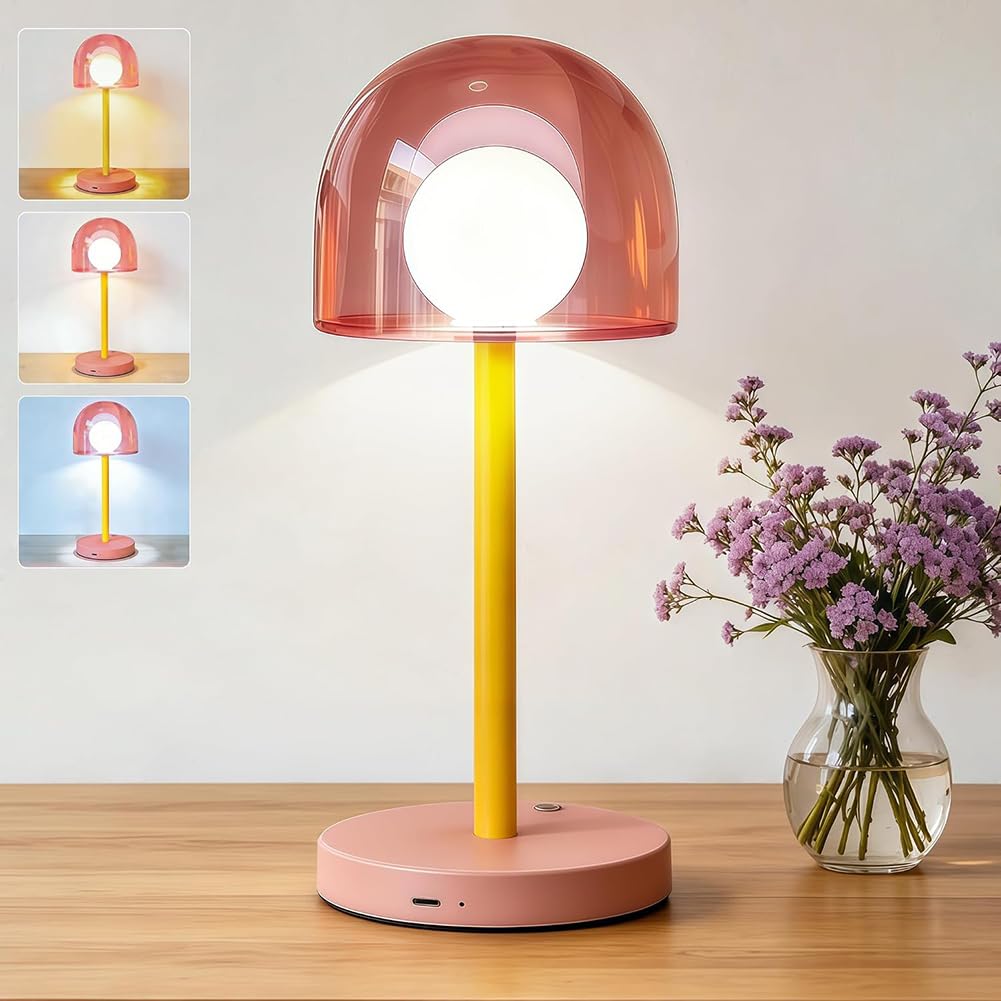 Lampada da Tavolo LED a Forma di Fungo Senza Fili Ricaricabile tramite USB Luce da Tavolo Rosa Batteria Ricaricabile Regolabile Lampada a Fungo a Batteria 3000K-6000K Metallo + Acrilico