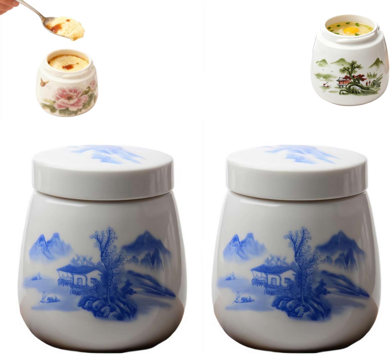 Coddled Egg Cups,Egg Coddlers Sets with Lids,Vintage Ceramic Soft Boiled Eg g Cooker, 220ml Porcelain Eggs Coddler with Lid,Single or Double Eggs Cooking with a Twistable Ceramic Lid