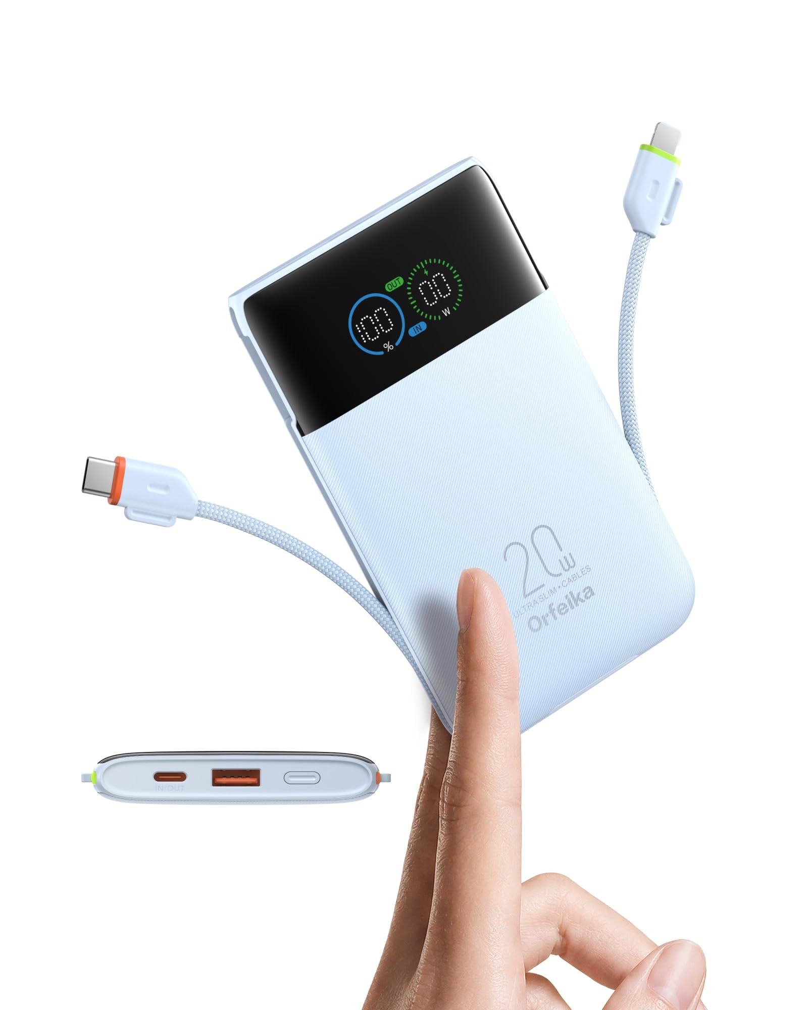 Orfeika Power Bank 10000 mAh, Klein Powerbank mit 2 Integrierte Kabel | Ultra Dünnes Tragbares Ladegerät, LED-Anzeige mit Zwei Werten, PC-Gehäuse, Akku Pack für iPhone/Samsung/iPad/Android und Mehr