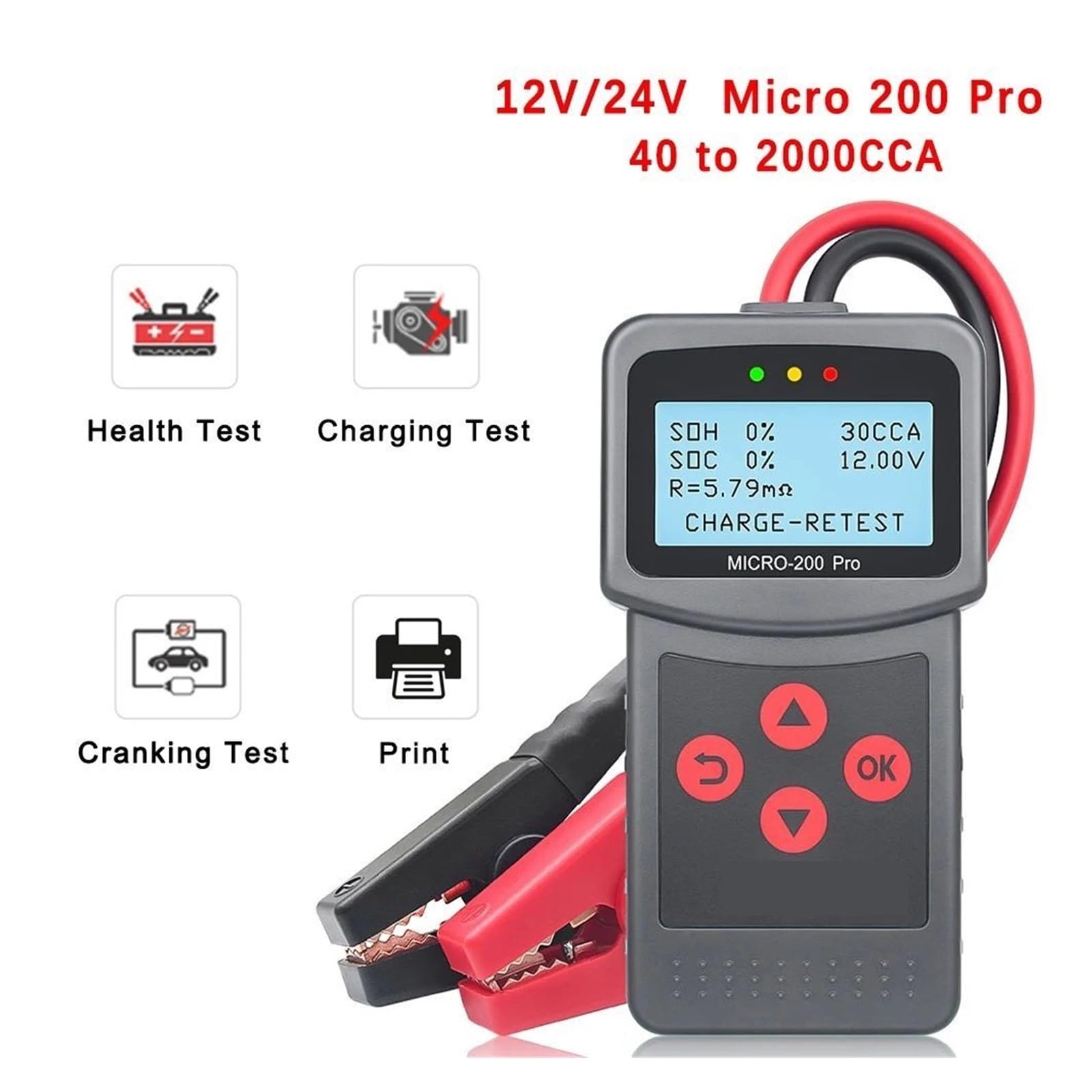 Tester AkumulatoróW Tester Akumulatora Samochodowego 12V 24V 40-2000 CCA Ładowanie Rozruchowe Analizator Akumulatora Motocykla Narzędzia Ze Światłem LED