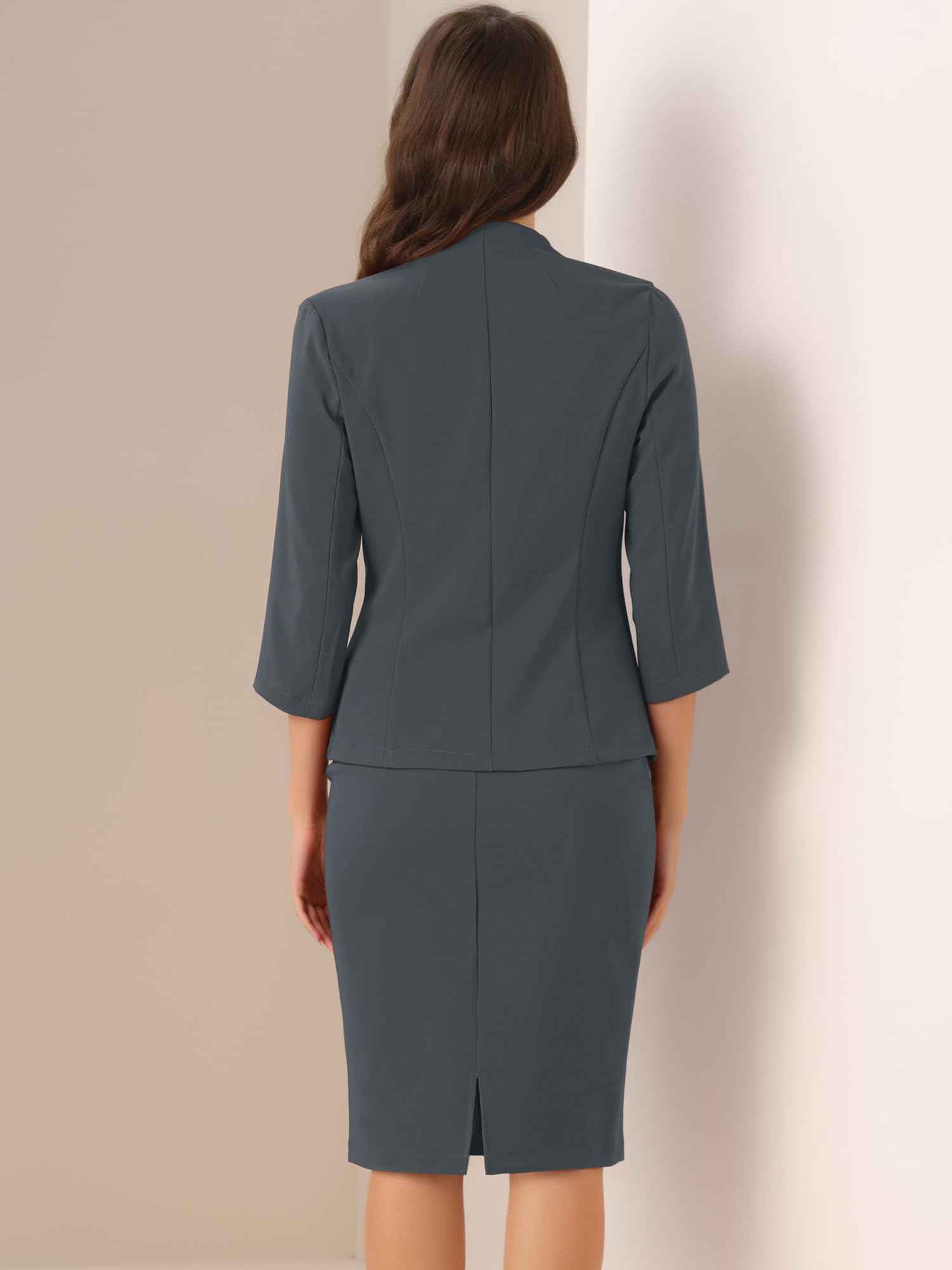 Allegra K Ensemble de Costume pour Femmes Jupe Crayon d'affaires Tenue de Travail 2 Pièces Blazer Col en V de Bureau Gris Foncé M