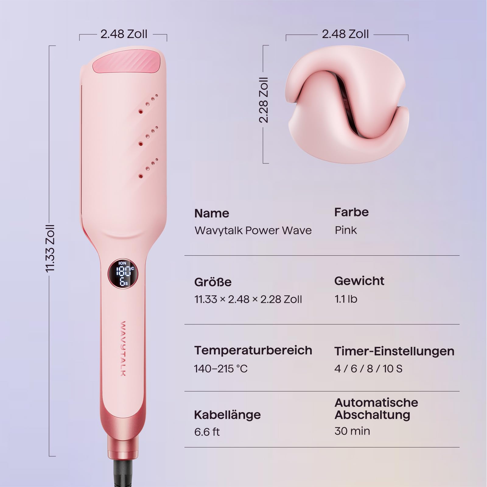 Wavytalk Power Wave Welleneisen Für Haare, Kreppeisen Für Große Wellen, Mit Ionenschutz & Belüftung Für Weniger Hitzeschäden, Müheloser Lockenstab, Dual-Voltage, Rose