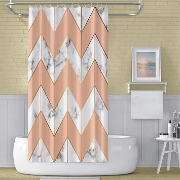 Concise Style Shower Curtain Marbling Background Light Orange Checkered Golden Line Delicate & Elegent Durable Waterproof Polyester Fabric Set with Hooks 72x72inch