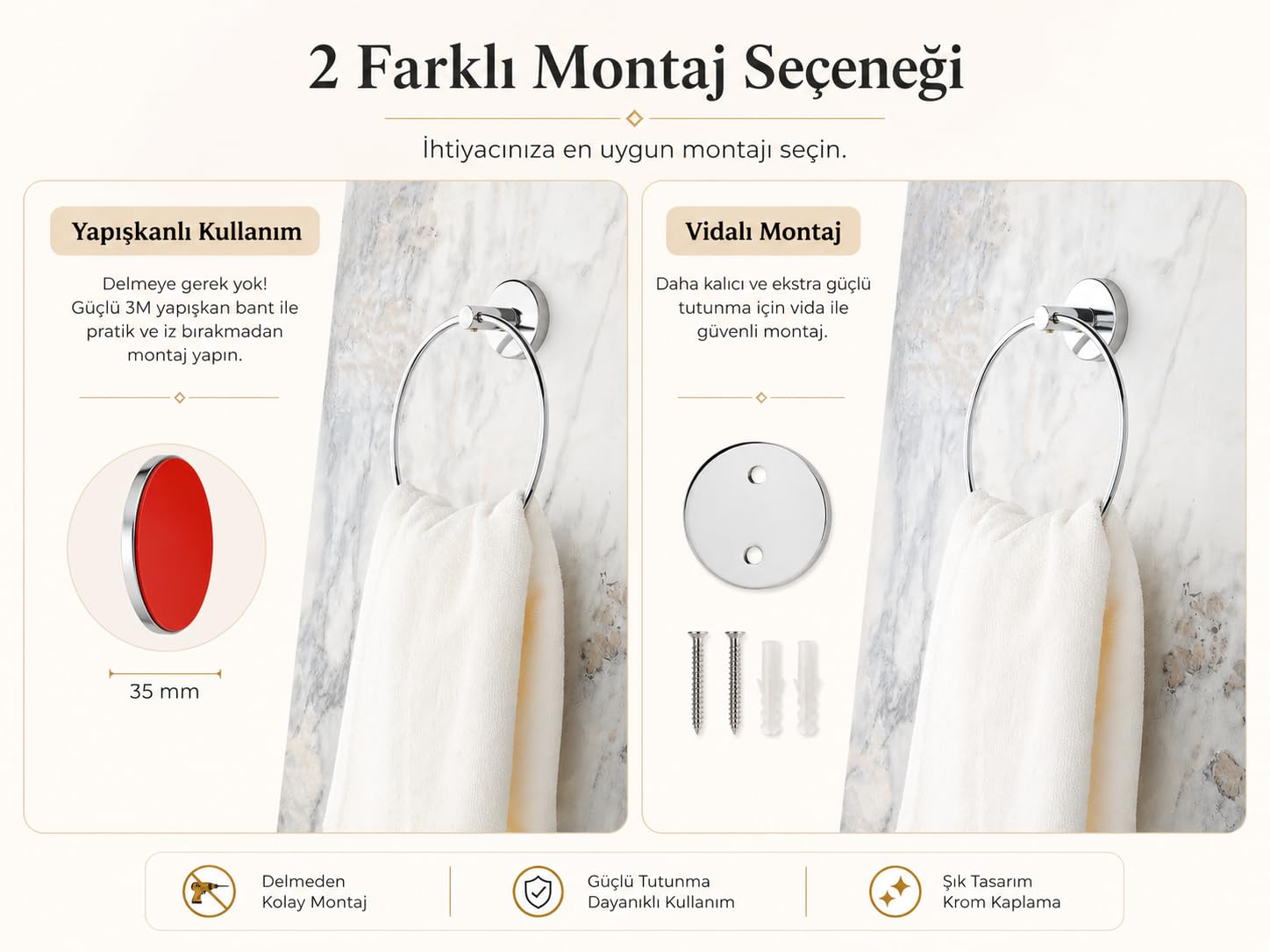 Alper Banyo İris Krom Kaplama Halka Havluluk, Yapışkanlı ve Vidalı Montajlı Banyo Havlu Askısı, 35 mm Oval Bantlı, Parlak Yüzey
