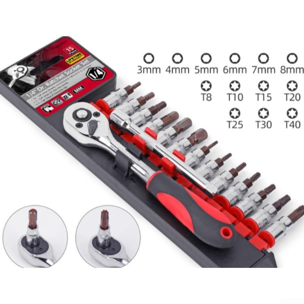 Set de Herramientas Mecánica 40 Unidades Carraca 72 Dientes Llaves Tubulares para Mantenimiento Coche Extensión Incluida Plástico 20x12.5cm(40set)