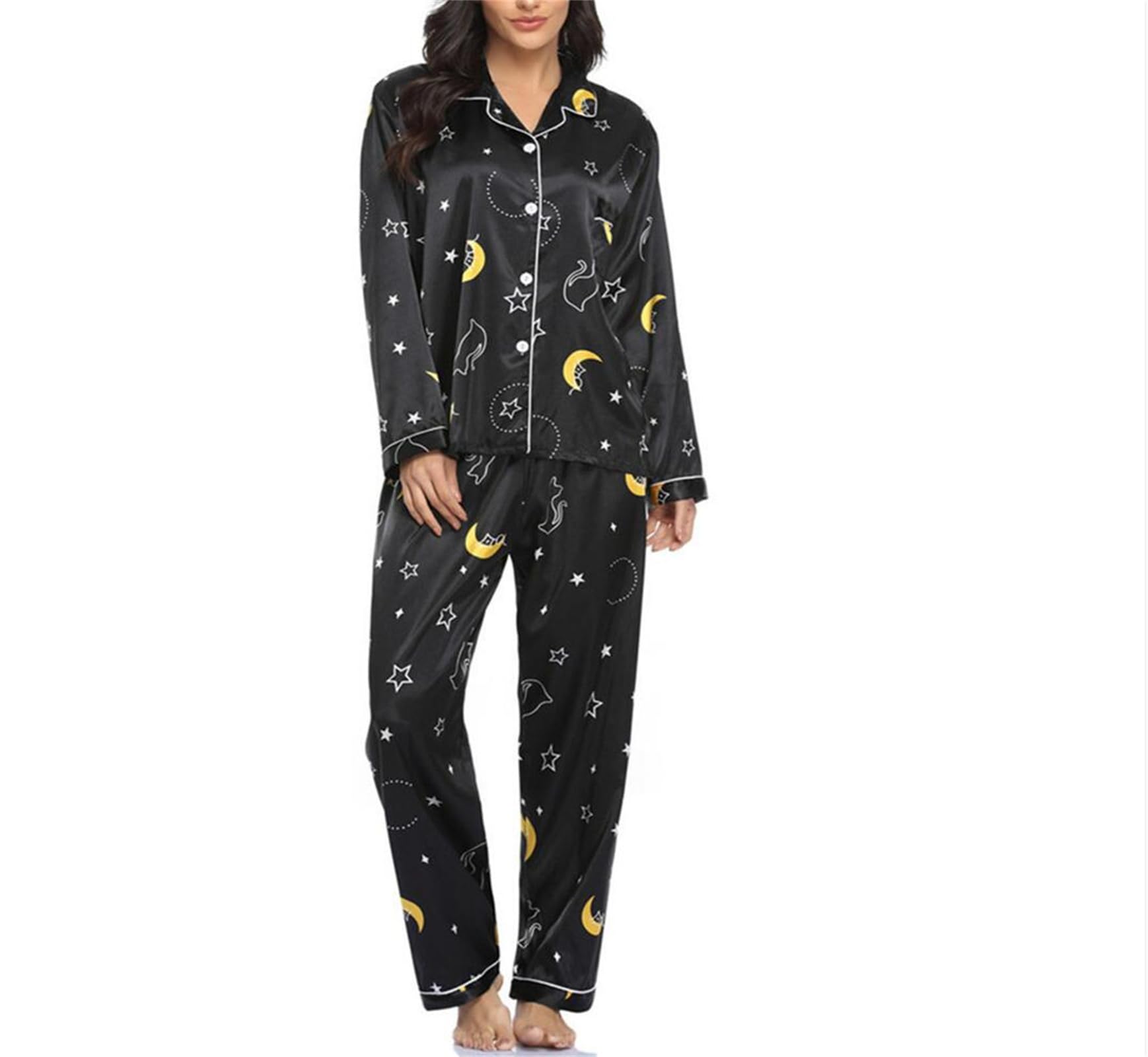 Pyjamas pour Femmes Ensembles Pjs 2 pièces Mode Confort Accueil Satin Revers Pantalon à Manches Longues Bouton Automne Printemps,Style 2,L
