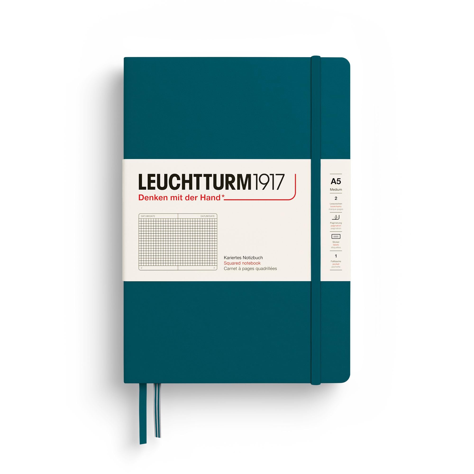 Notebook Hardcover Medium A5-251 Numbered Pages for Writing and Journaling (Pacific Green, Squared)
