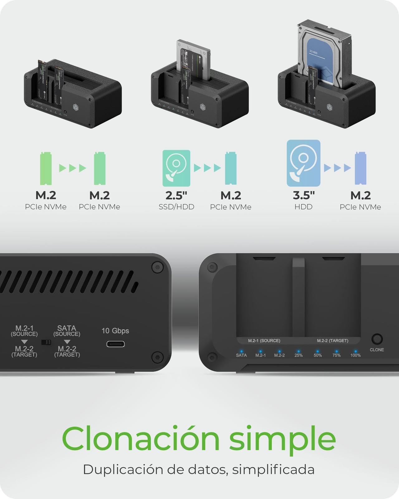 ICY BOX Estación de Acoplamiento para Discos M.2 NVMe y SATA, Clonación Bidireccional, USB 3.2 10 Gbit/s