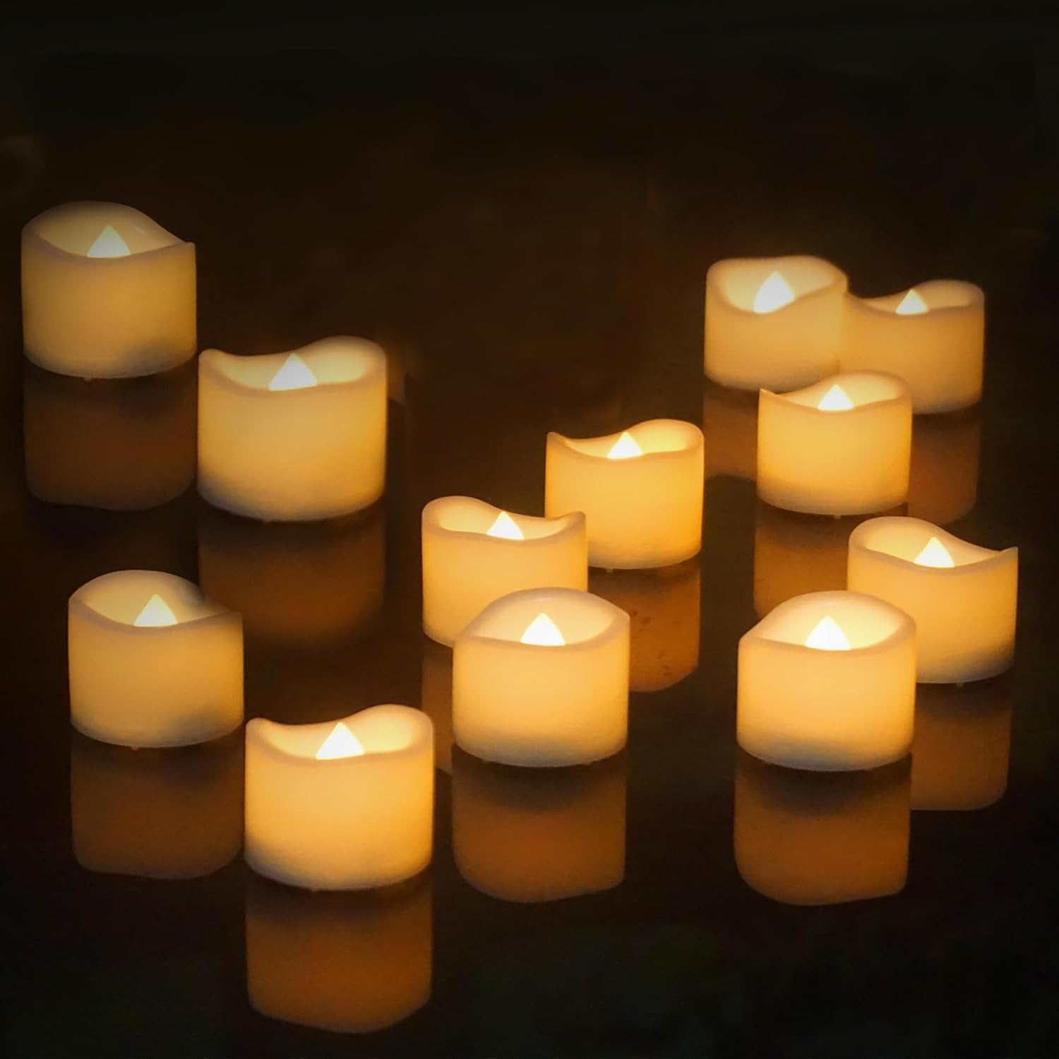 iZAN 12 PCS Flameless LED Tea Lights Candles Battery Operated Fake Flickering Electric Small Votive Candles Tealights for Wedding Party Decorations Home Décor, Cream White Shell, Amber Yellow Glow