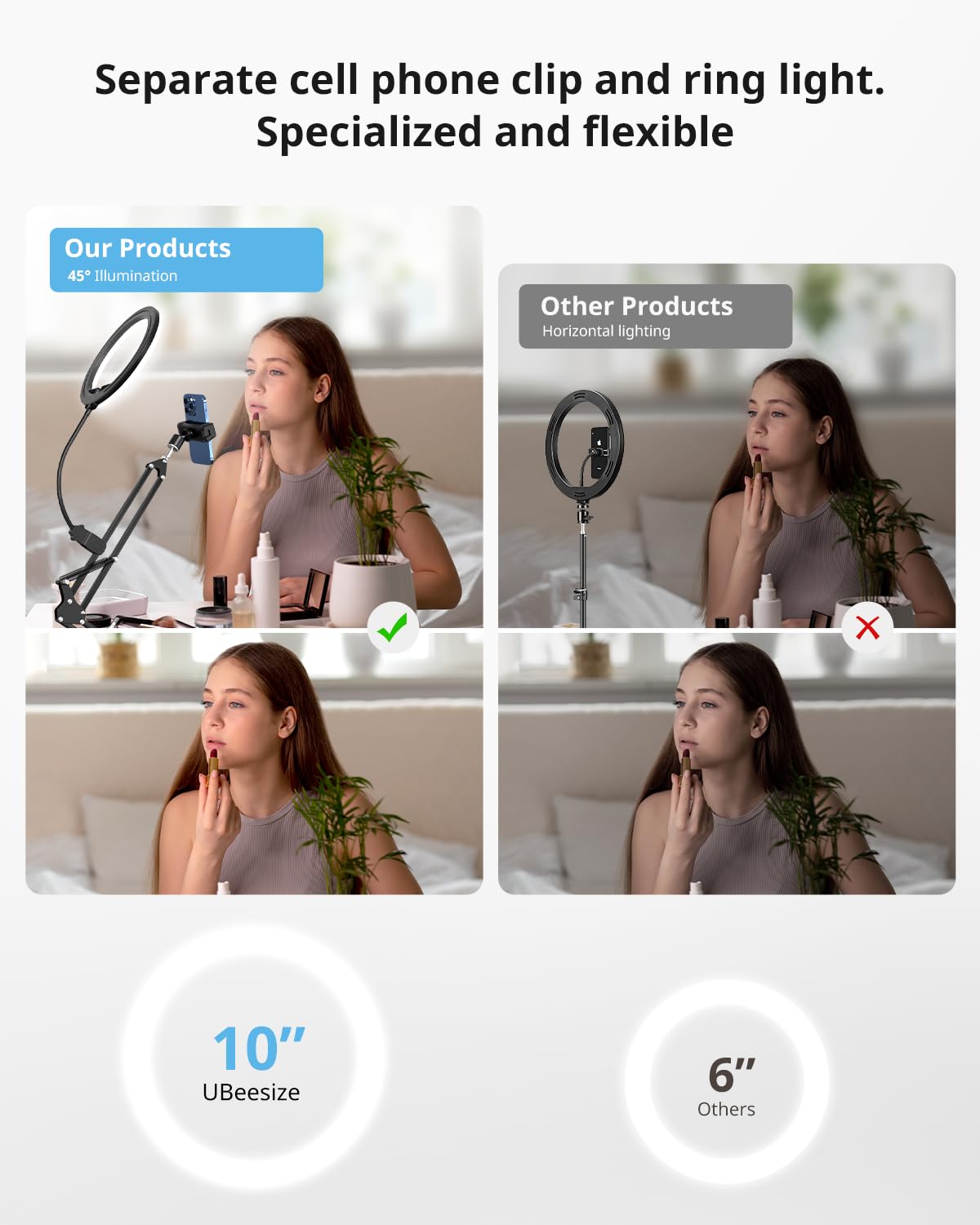 UBeesize Treppiede per cellulare con luce ad anello, 10", per video alimentari | Tubo flessibile treppiede per cellulare con luce ad anello per tavolo con treppiede per YouTube, TikTok, Live Stream, cucina