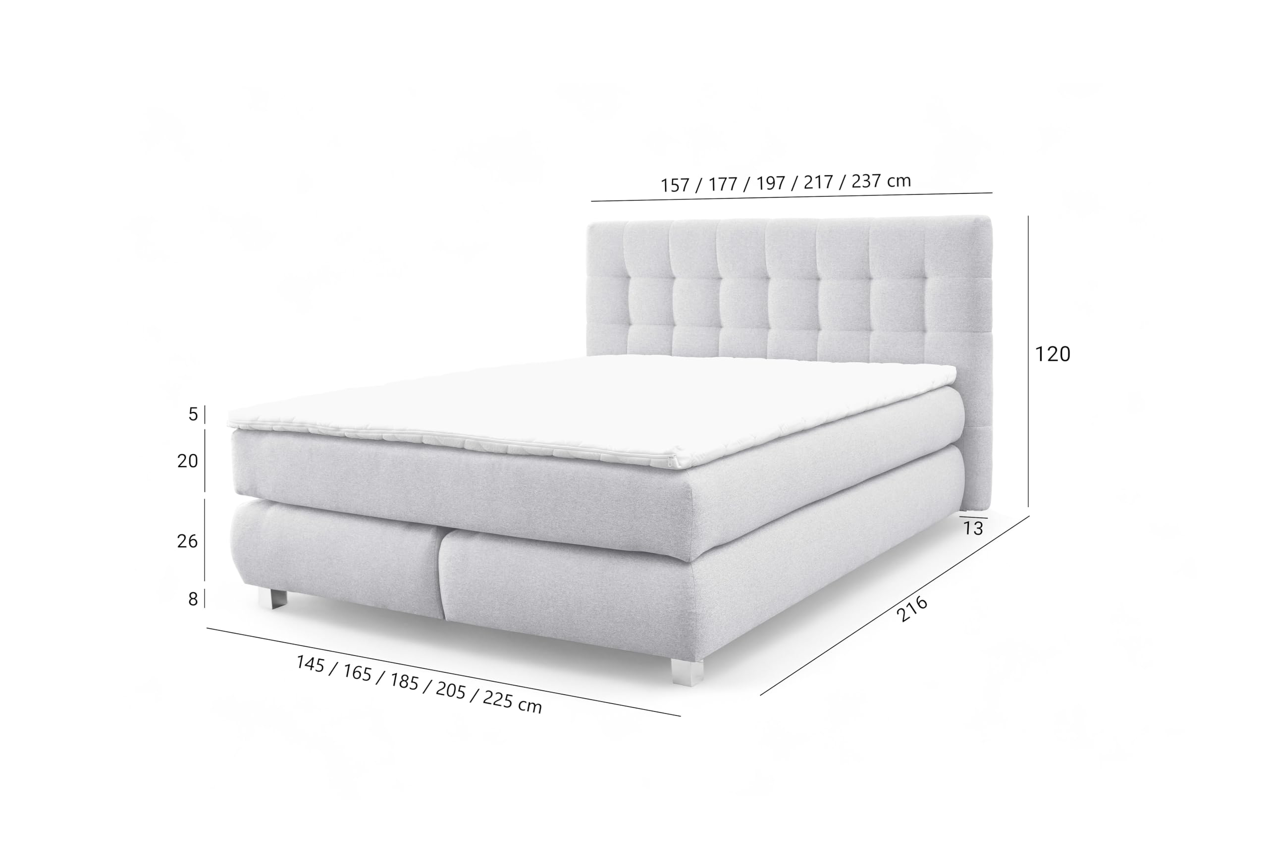 FURNISTAR Echtes Boxspringbett Blake mit Pocketmatratze und Bonellmatratze Familienbett mit Topper und Taschenmatratze Bett mit 2 Matratzen Polsterbett Schlafzimmer (180x200, Grau)