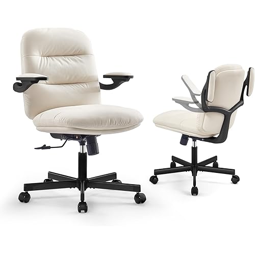 EMIAH Office Chair Ergonomic Home Office Desk Chairs with Wheels Mid-Back Vanity Chair with Flip-up Arms Adjustable PU Leather Swivel Computer Task Chair for Space Saving- Light Beige