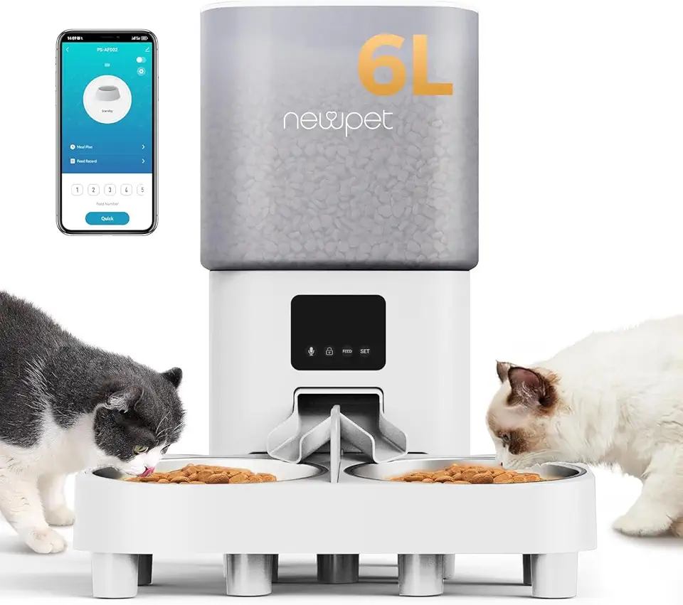 Alimentador Automático Duplo, 6L Comedor Automático Pet com Controle de APP para 2 Gatos e Cães,Programável Alimentador Temporizado Elevado para Cães