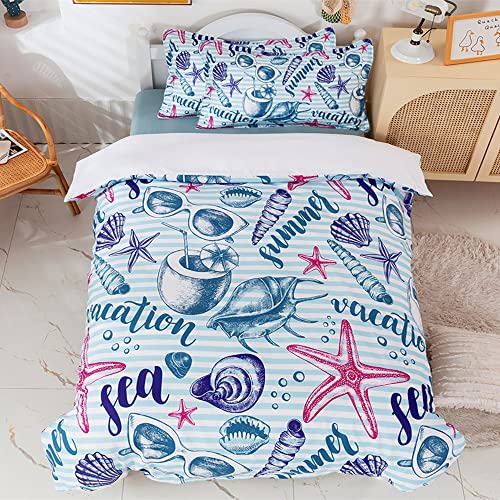 Lishjekee Ocean Shells Kids Duvet Cover Twin Summer Beach Bedding Set (1 Duvet Cover 2 Pillowcases) Seashell Starfish Comforter Cover Set For Boys Girls Teens Summer Vacation Bedding Set(No Comforter) #TOP18
