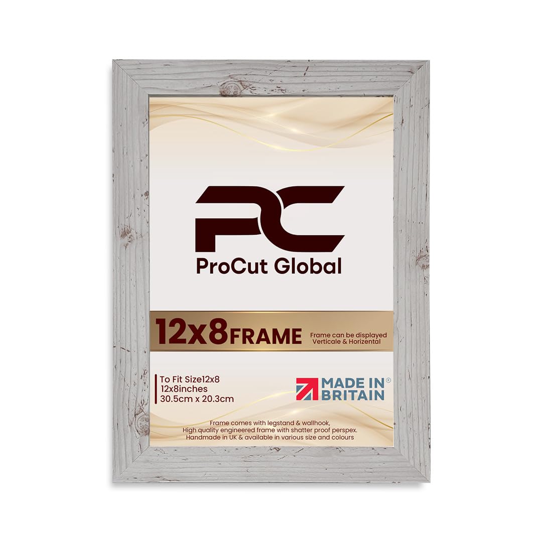 Procut Global 12X8 White Rustic Picture Frames - Modern Wooden Photo Frame with Shatterproof Perspex for Wall or Tabletop - Perfect for Posters, Certificates, Prints - Sizes & Colors Available