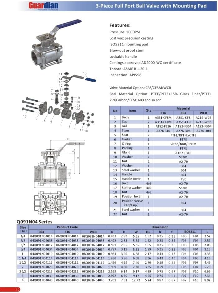 1/4'' 316ss 2000PSI 1Pc Full Port Ball Valve Fire Safe RPTFE Seat NPT Heavy Duty Water, Oil, Gas Valve