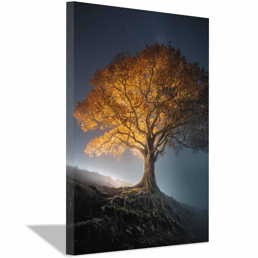HOQIU Tree Of Life Wall Art Glowing golden tree canvas prints, nature wall art, for Bathroom Home Office Decor(Multicolor)-30x40cm Framed