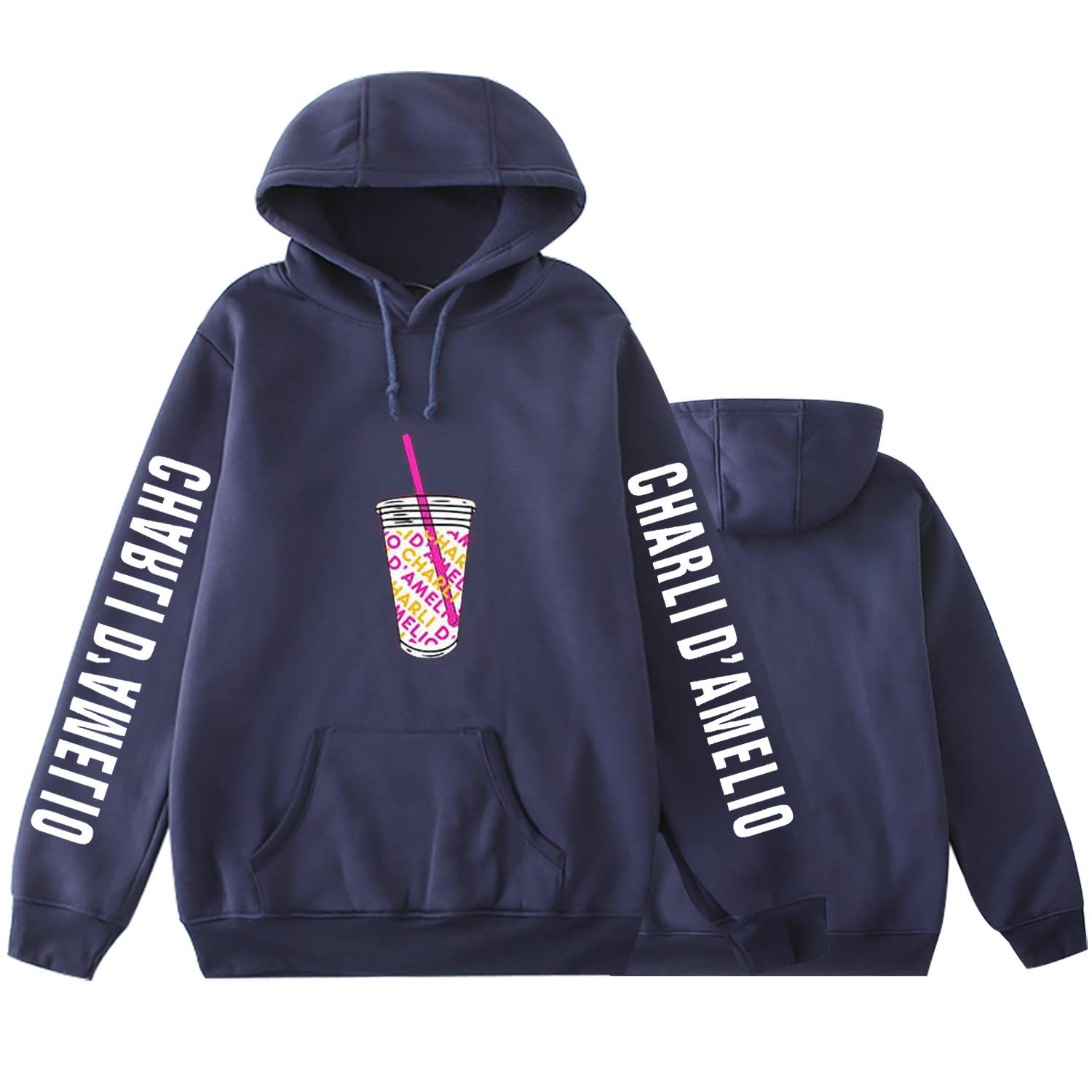 Charli d'amelio sweatshirts black pullover Printed drink add Thick hoodies  coat (Blue-A,XXL)
