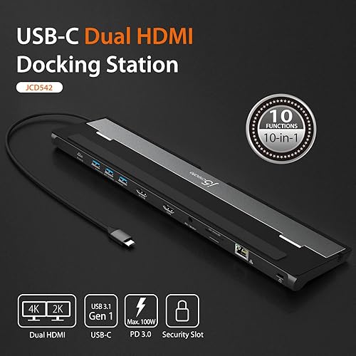 Miniatura 6 de j5create Estación de acoplamiento HDMI dual USB-C (10 en 1), pantalla HDMI dual 4K + 1080p, USB-A x3 de 5 Gbps, lector de tarjetas SD, PD 100 W,