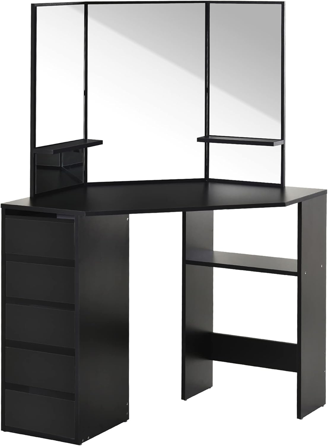 Corner Vanity Table, Makeup Desk with TriFold Mirror and 5 Drawers, Black Buy Online at