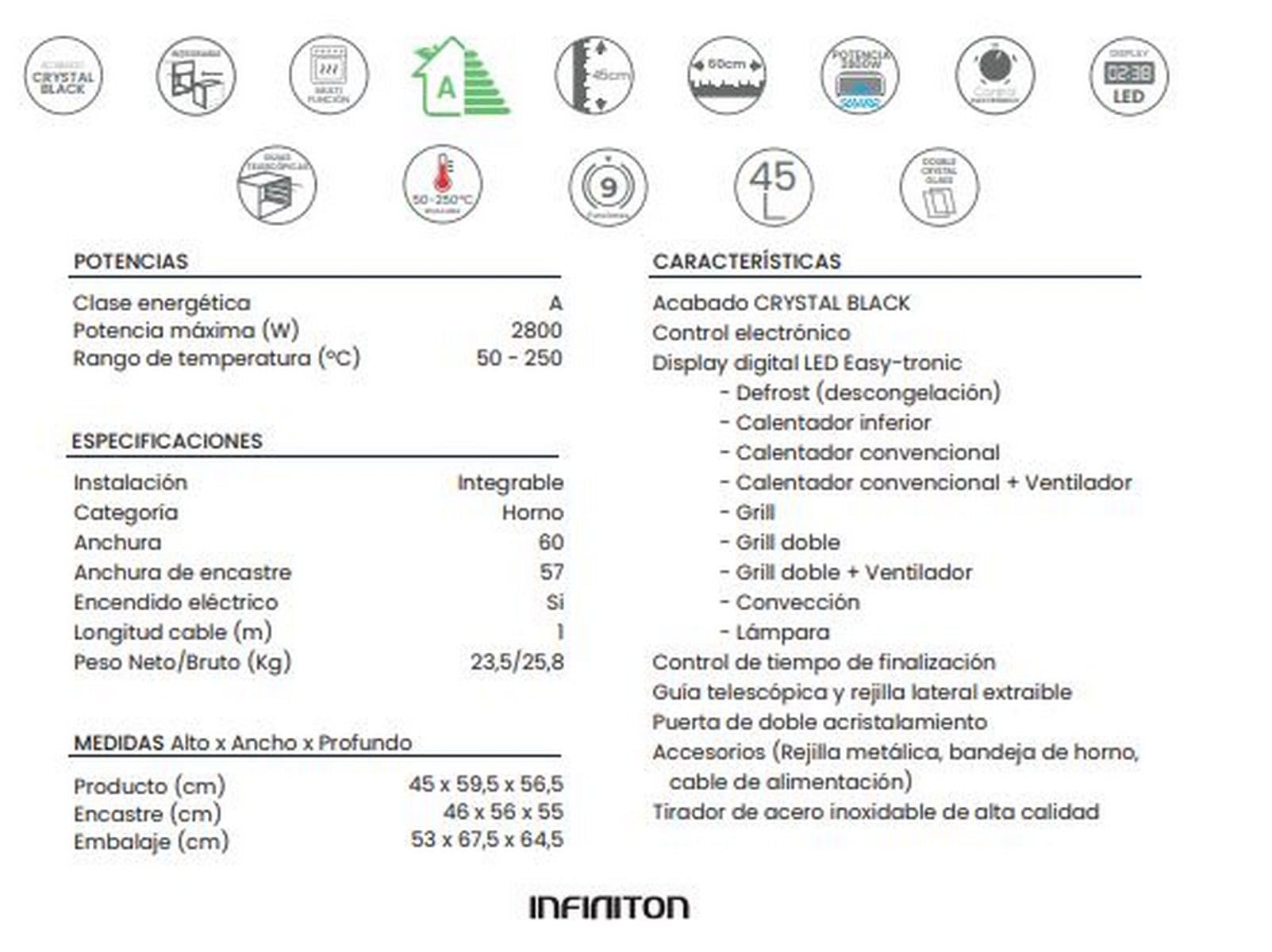 INFINITON Horno Multifunción 40BEN1, 45 Litros, Ancho 60 cm, Control electrónico, Guía telescópica y rejilla lateral extraible, A, Acabado CRYSTAL BLACK