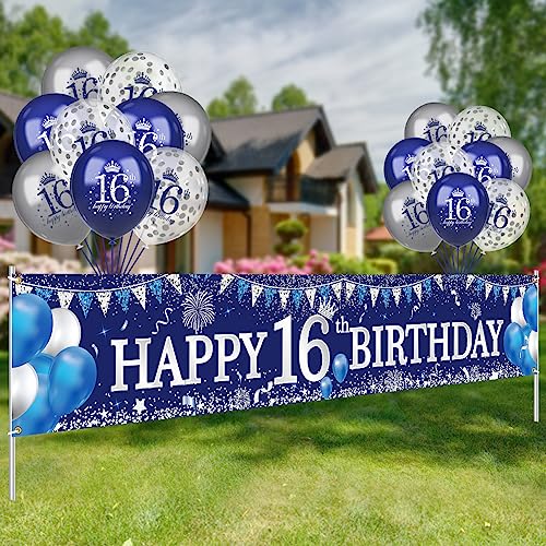 Image of Blue Silver 16th Birthday Banner and Balloons for Indoor /Outdoor Parties