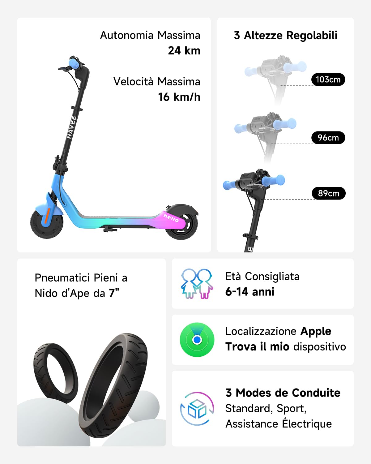 NAVEE K100 Serie Monopattino Elettrico Bambini, Controllo Parentale via APP, Autonomia 14-24 km, Velocità 16 km/h, Luci Ambientali, Pneumatici 7", 3 Altezze Regolabili, 6-14 Anni
