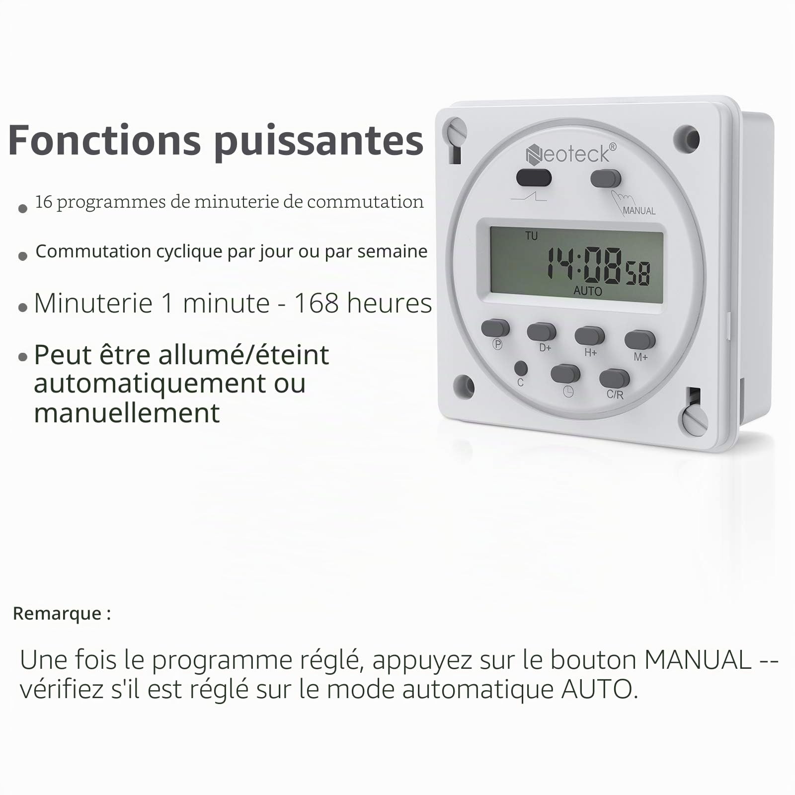 Neoteck 2pcs 12V 16A Prise Programmateur Digital à 16 Programmes Horloge Programmable Minuteur Prise Electrique LCD Affichage Numérique Antivol avec Boîtier Étanche/Ensemble de Borniers de Connexion