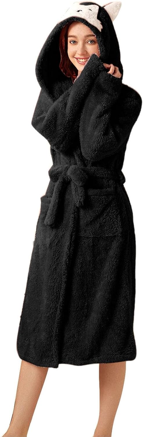 Oplxuo Animal Robe for Women Cute Ear Hooded Bathrobes Teens Girls Fleece Sleepwear Warm Nightgown Fuzzy Cozy Loungewear