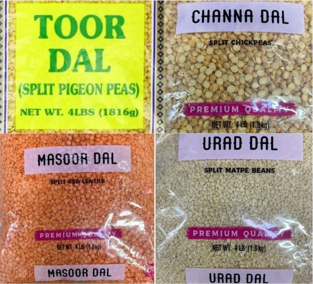 Premium Quality Dal Variety Pack, Split Pigeon Peas, Split Chickpeas, Split Red Lentils, Split Matpe Beans, 4 lbs Each
