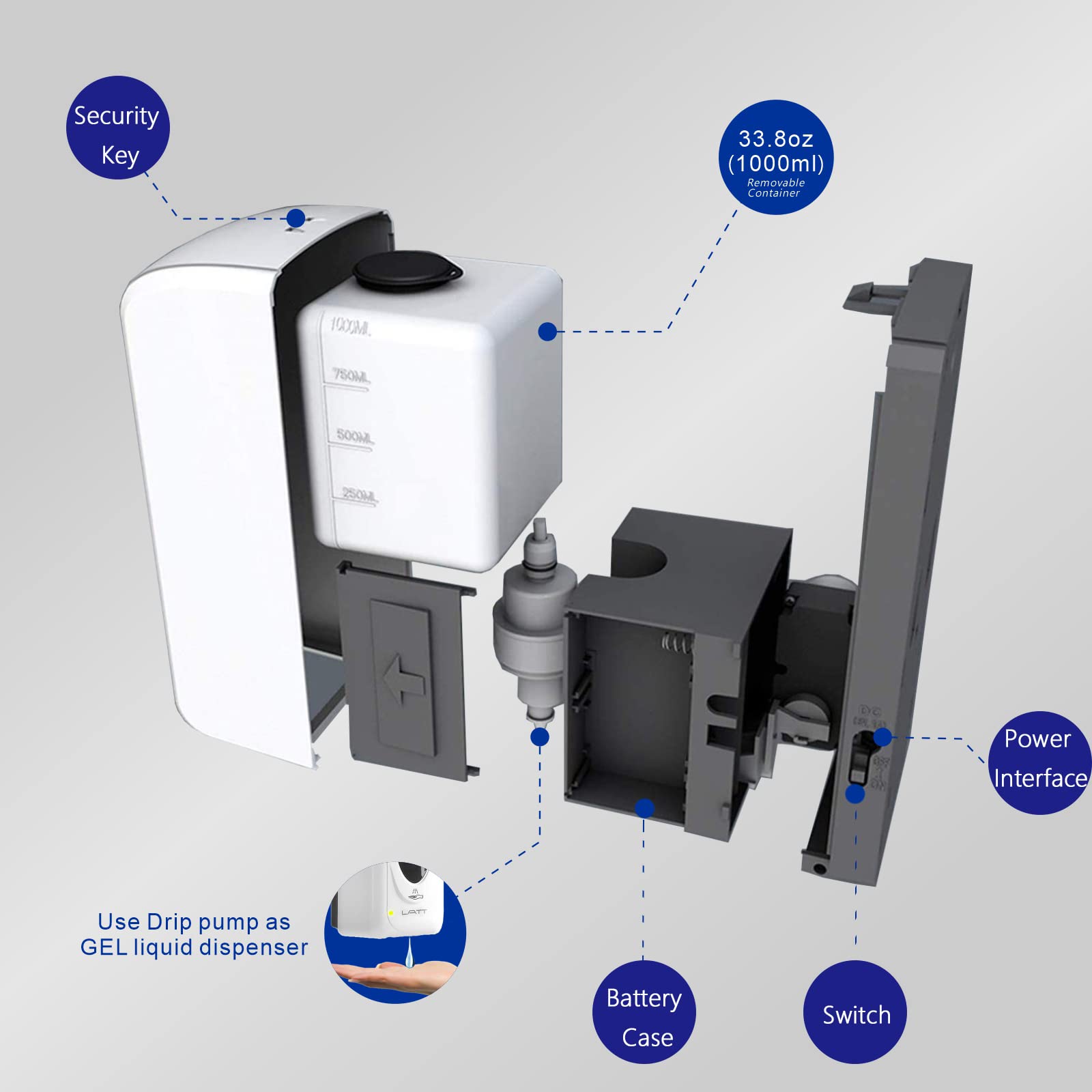 Dispensador de jabón de Montaje en Pared, dispensador de jabón automático sin Tacto, Bomba infrarroja, Gran Capacidad, 1000 ml, Modelo de Gel/líquido...