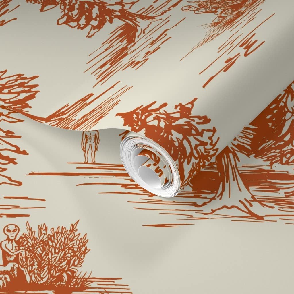 Spoonflower Removable Wallpaper 9ft x 2ft - UFO Alien Abduction Orange Novelty Funny Toile Large Scale Custom Pre-Pasted Wallpaper