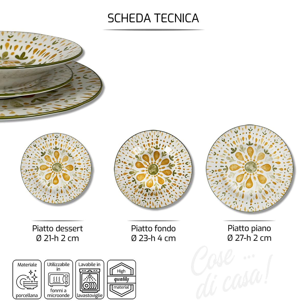 Arca Servizio Piatti 18 Pezzi Astra, Set Tavola per 6 Persone con Piatti Piani, Fondi e Dessert Decorati (GIALLO)