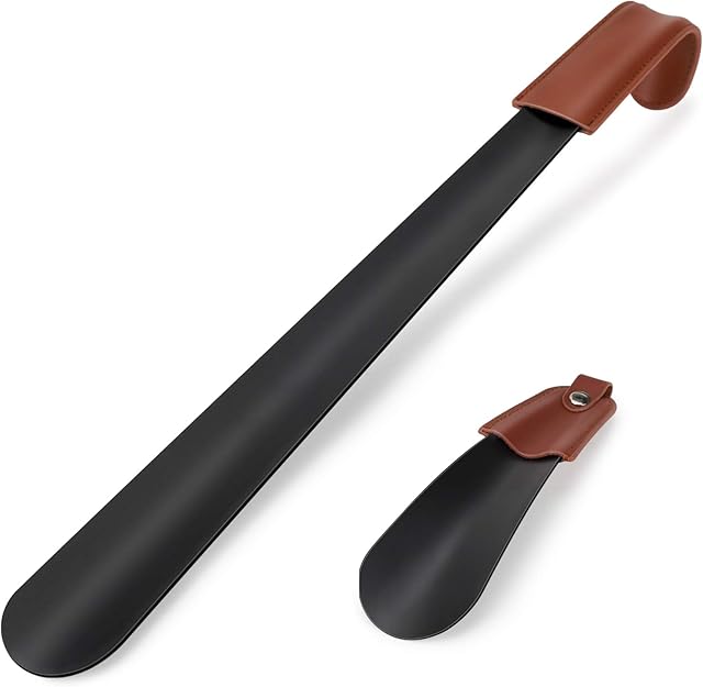 Shoe Horn Long Handled, 42CM+16CM Shoe Helper with Leather, Black Metal Shoe Horn Kids, Stainless Steel Lazy Shoe Horn Small Wear Shoe Helper for Travel Men, Women, Kids, Seniors