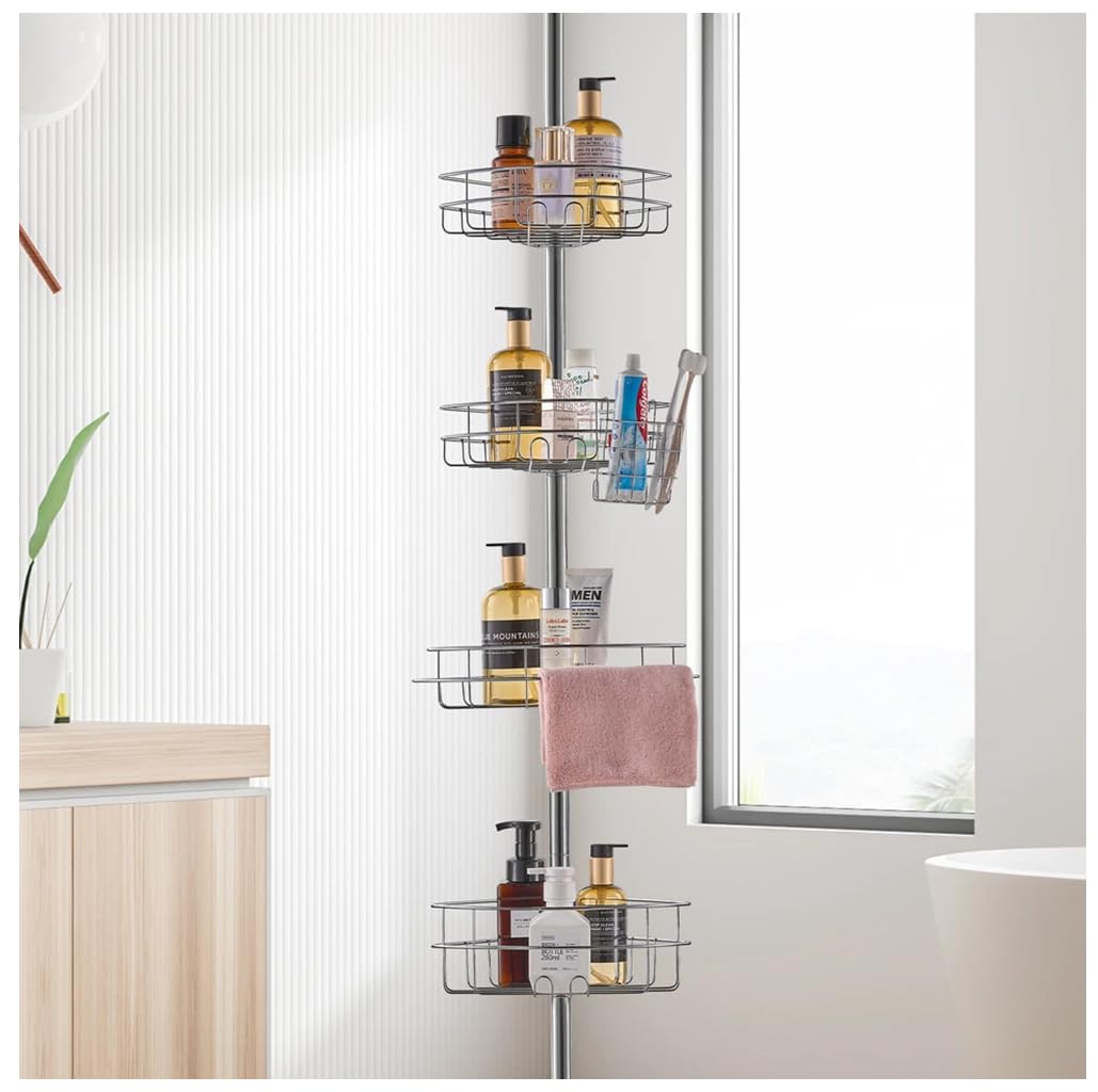 Corner Shower Caddy Tension Pole Shower Tension Rod Organizer 56 to 114 High