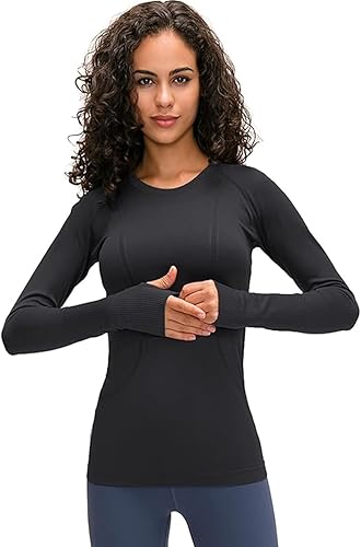 Camiseta sin costuras para mujer, de manga larga, perfecta para yoga, gimnasio, para deportes y fitness, ajuste entallado