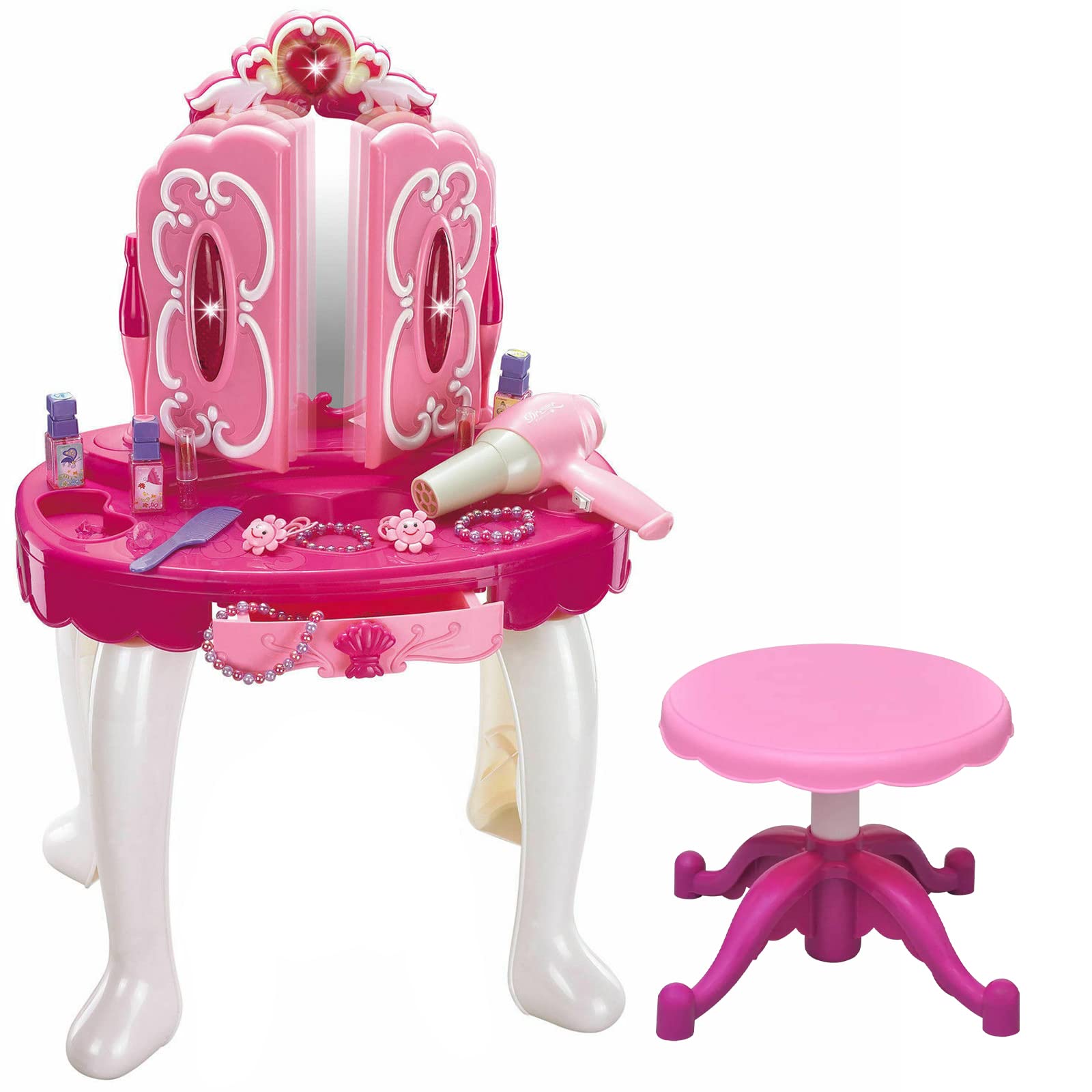 FunkyBuys Girls Glamour Mirror Pink Dresser Play Set Beauty Make up Desk Toy Dressing Vanity Table Play Set Light & Music Toy (Large Mirror Makeup Dressing Table)