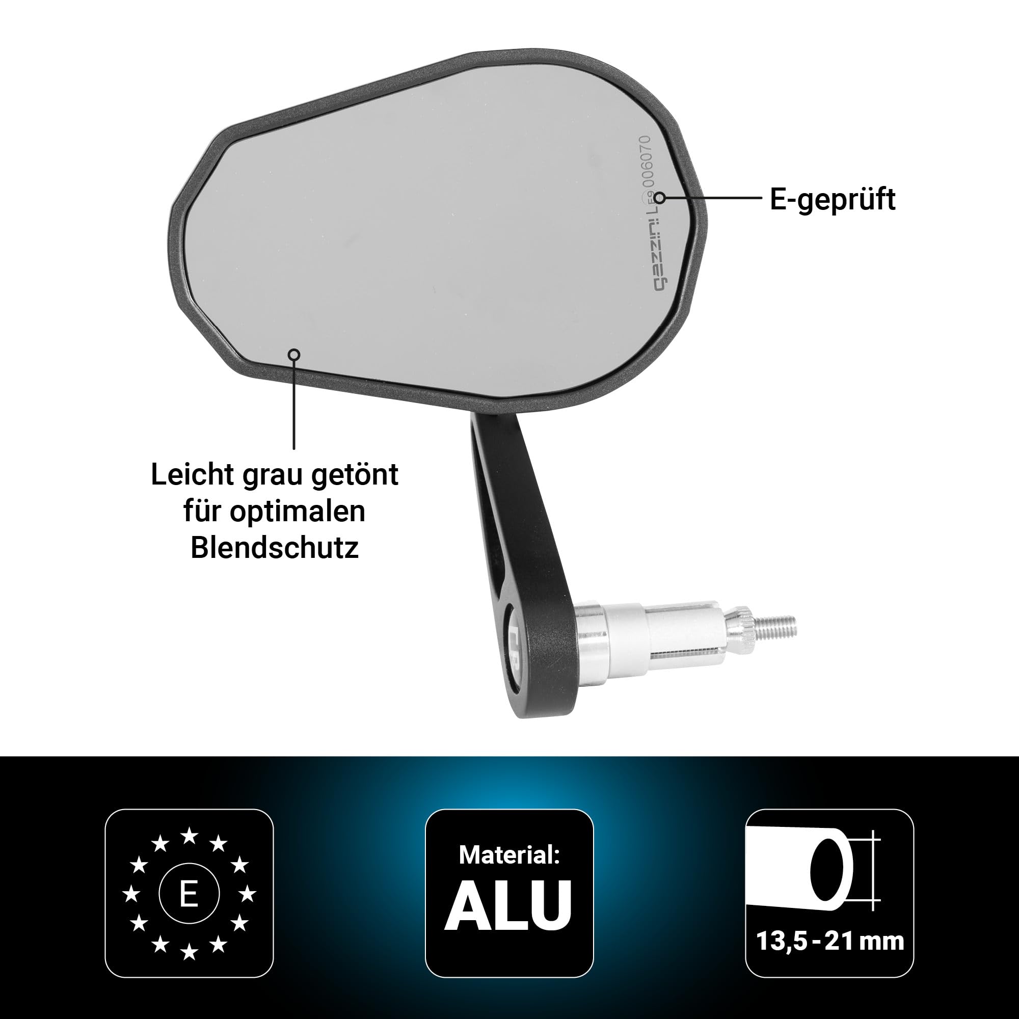 gazzini Lenkerendenspiegel Napoli, Motorrad Spiegel Links oder Rechts, Lenkerendenspiegel E Geprüft, Universalspiegel Schwarz, Spiegel Motorrad Aluminium, 1 Stück