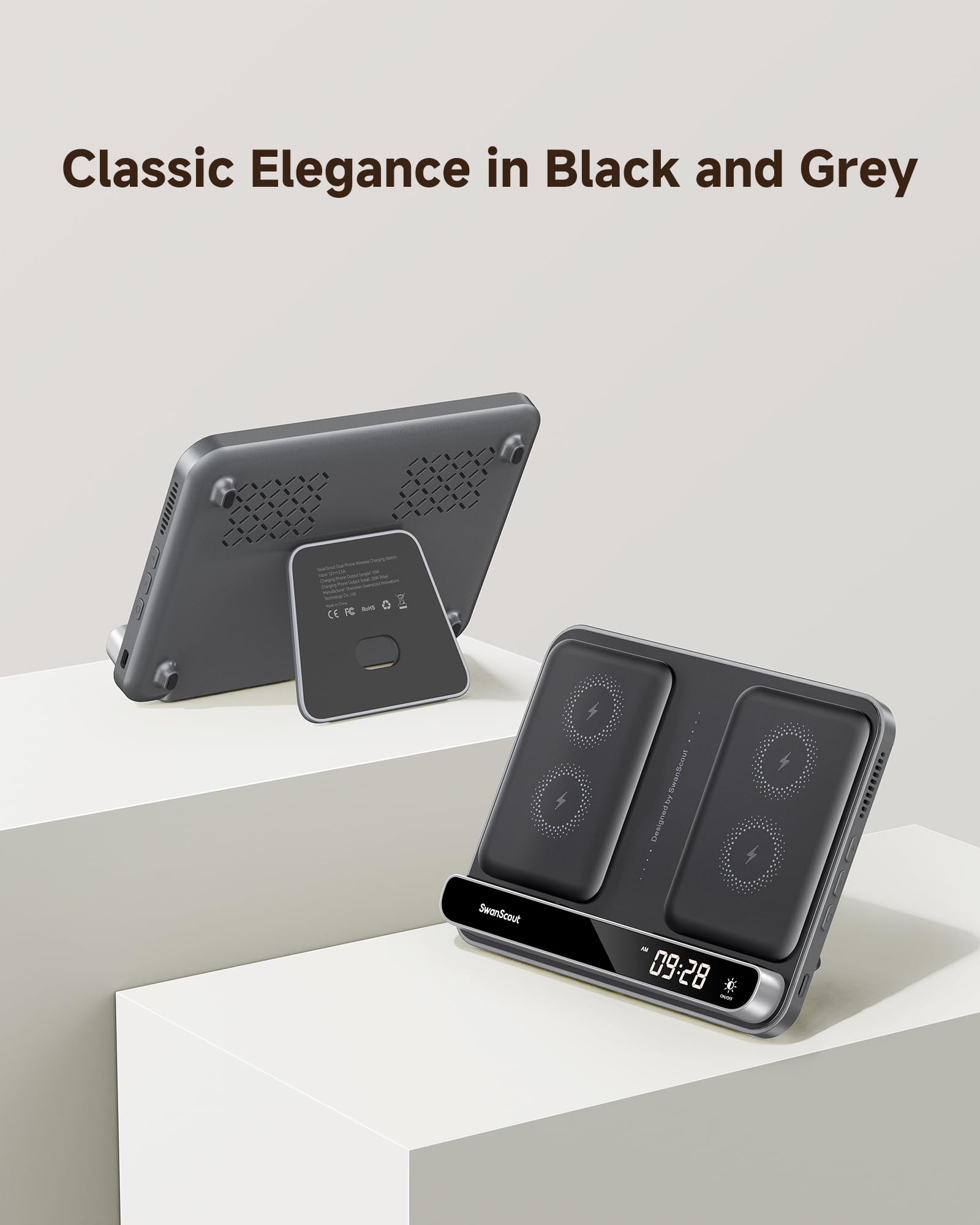 Dual Induktive Ladestation für 2 Handys, Doppel Handy Ladestation für iPhone Air/17 Pro/17 Pro Max/17/16/15/14/13/12/Samsung Galaxy S25/S24/S23/S22/S21/S20, Pixel 9, AirPods/Galaxy Buds, SwanScout 504