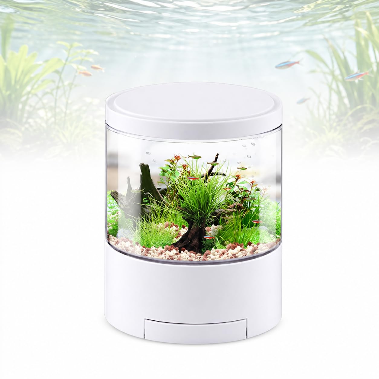 TsoLay Acuario de Escritorio, Pecera Inteligente Autolimpiante con Luz LED de 7 Colores, Bomba de Filtro, Soporte para Teléfono y Plantas, Pecera Redonda de Acrílico para Decoración de Escritorio