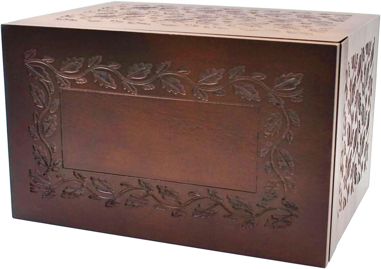 Cremation Urns for Human Ashes Adult Male or Female, Funeral Memorial Urns for Ashes, Wooden Tree of Life Decorative Urns Box, Burial Urn for Adults Up to 250 LBS, 9.45"(L) x 5.9"(W) x 7.1"(H), Brown