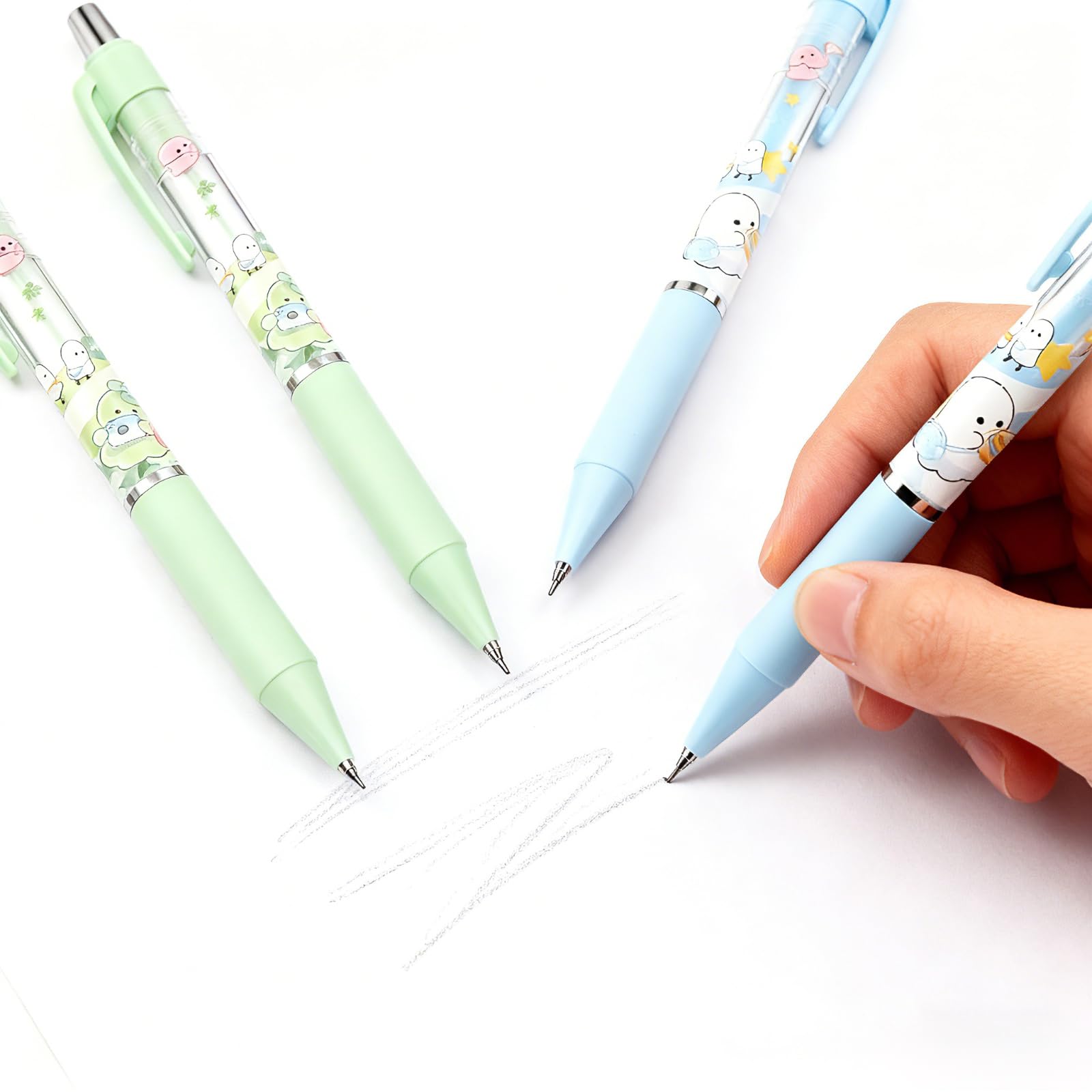 Lot de 4 porte-mines mignons verts avec gomme de 0,5 mm et 0,7 mm - Kawaii - Pour l'école, le bureau, l'écriture, le dessin