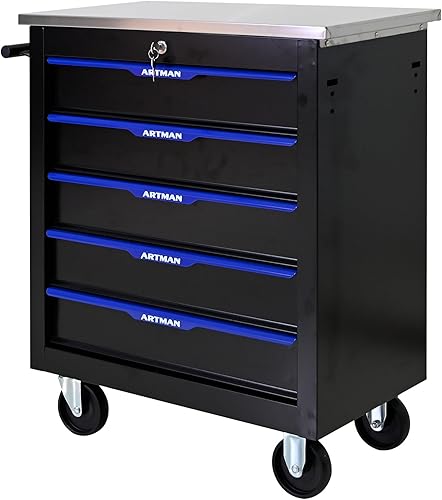 Miniatura 28 de Caja de herramientas con ruedas con 6 cajones, de acero inoxidable, multifuncional, con cerradura, con cerradura, carrito de herramientas rodante,